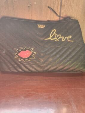 Victoria's Secret Love Kiss Quilted Black Clutch Cosmetic Bag NWT
